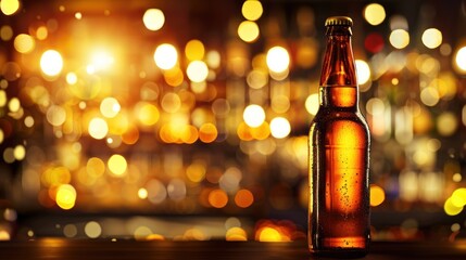 A Cold Beer on a Bar Counter with a Warm, Festive Glow