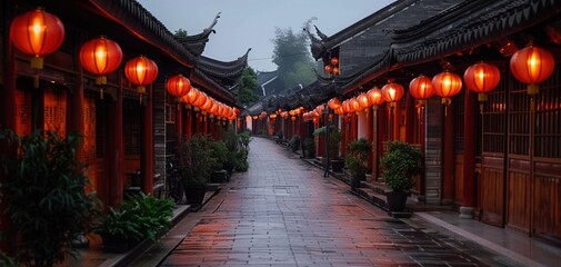 Traditional Chinese street with red lanterns illuminated during evening, showcasing cultural heritage and historical architecture.