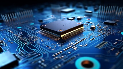 Close-up of a microchip held by tweezers, surrounded by electronic components on a circuit board