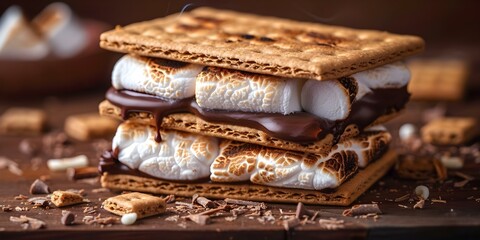 Smores gooey marshmallow and chocolate sandwiched between graham crackers iconic treat. Concept Dessert, Campfire, Sweet Treat, Iconic Snack, Smores