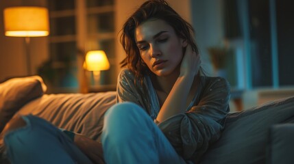 Obraz premium A woman sitting alone on a comfortable couch, looking down with a sad and thoughtful expression