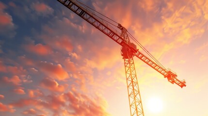 Industrial construction crane towering over a bustling building site at sunset, dramatic sky with vibrant colors, urban development in progress, workers and machinery active in the background