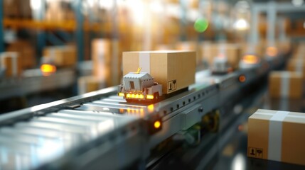 Automated conveyor system transporting packages in a warehouse. Efficient logistics and shipping operations for rapid order fulfillment.