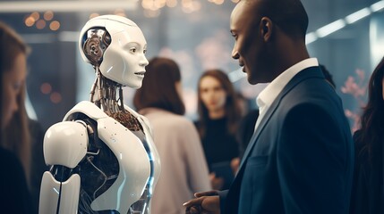 Advanced artificial intelligence interface with a humanoid robot interacting with users in a tech expo