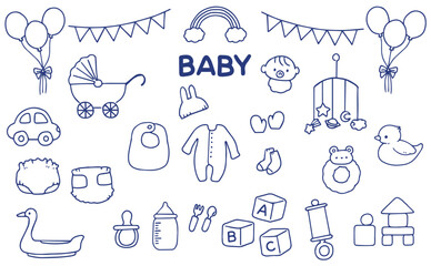 かわいい手描きのベビー用品イラストのセット
