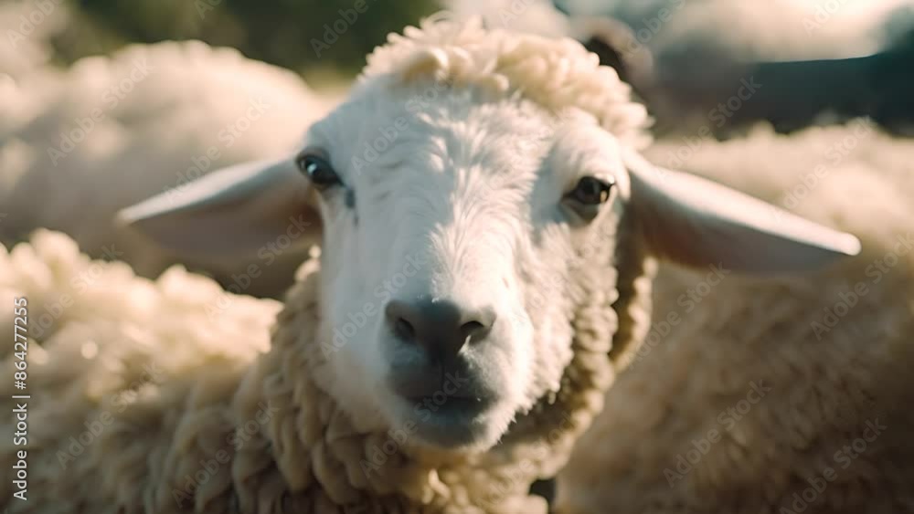 Poster sheep looking at the camera in a field generative ai