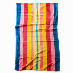 A colorful beach towel with a striped pattern, isolated on white background