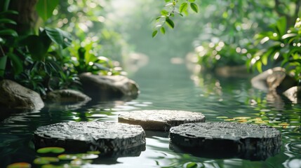 Serene Forest Stream with Stone Stepping Platforms and Greenery.