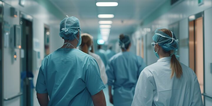 Multidisciplinary team of doctors collaborating during patient rounds in modern hospital. Concept Healthcare Collaboration, Modern Hospital, Patient Rounds, Multidisciplinary Team, Doctors
