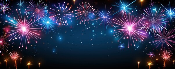 Fototapeta premium Colorful fireworks display with vibrant bursts of light illuminating the night sky, capturing the festive celebration and joyful atmosphere. Independence Day, July 4. Traditional American Memorial Day