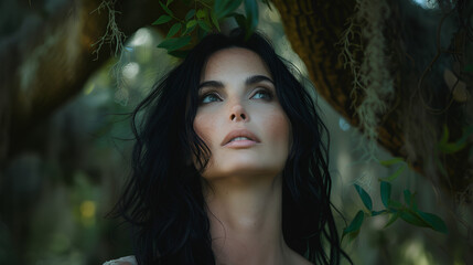 Beautiful woman with black hair and a black dress, posing in a mysterious forest. Blurr effect