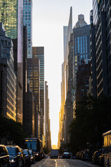 New York City buildings and sunset sky 
