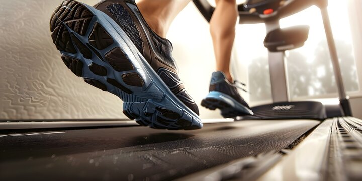 Closeup of person running on treadmill perfect for fitnes. Concept Fitness, Exercise, Running, Treadmill, Closeup