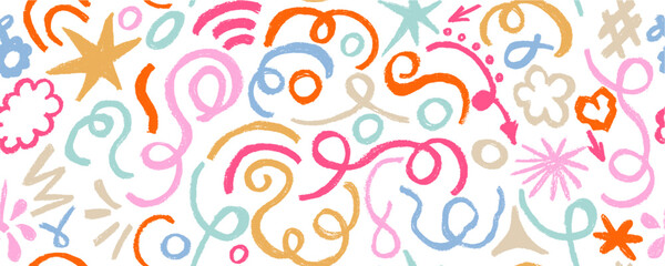 Vector seamless pattern color  scribbles with stars. Wavy lines  and colorful shapes, hand drawing charcoal . Abstract multicolored wallpaper design, trendy textile print. Wavy and swirled  stroke.
