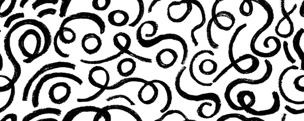 Vector seamless pattern black  scribbles. Wavy lines  and colorful shapes, hand drawing charcoal . Abstract black wallpaper design, trendy textile print. Wavy and swirled  shapes.

