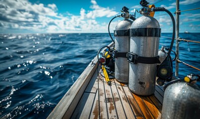 A scuba diving tank and gear on a boat deck ready for an underwater adventure