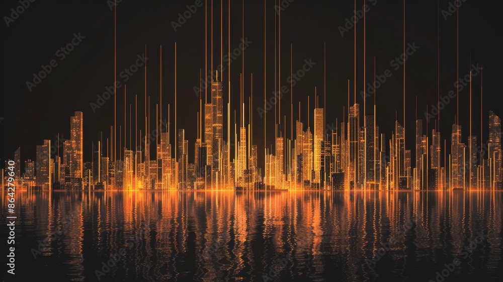 Wall mural Vibrant gradient bars, cityscape illusion, heartbeat monitor overlay on dark background