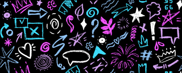 Fototapeta premium Vector seamless pattern with colorful charcoal graffiti doodle and girly shapes. Hand drawn abstract scribbles and squiggles, creative various shapes, pencil drawn. Scribbles, scrawls, stars, crown,