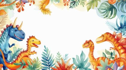 Fototapeta premium A group of dinosaur toys are scattered around a white background