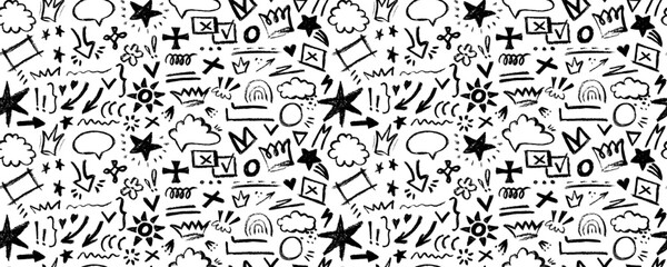 Vector seamless pattern  with charcoal graffiti doodle and girly shapes  Hand drawn abstract scribbles and squiggles, creative various shapes, pencil drawn. Scribbles, scrawls, stars, crown, curly 