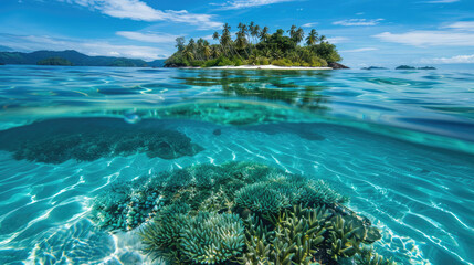 Pristine turquoise water reveals vibrant coral formations beneath the surface, leading up to a lush, tropical island with dense foliage and tall palm trees.