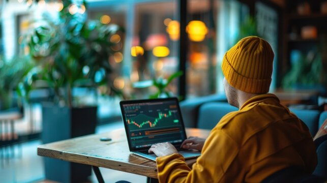 Person in yellow hoodie and beanie analyzing stock market data on a laptop in a modern cafe with plants in the background. - Powered by Adobe