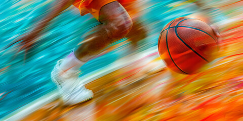 Dynamic Basketball Action Shot with Vibrant Motion Blur Effect