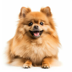 Obraz premium A fluffy Pomeranian dog with a happy expression, isolated on white background