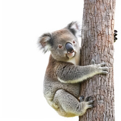 Naklejka premium A charming koala bear clinging to a eucalyptus tree, isolated on white background