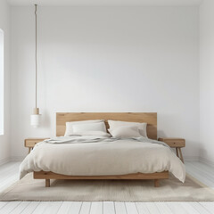 Minimalism of modern interior. Double bed and plant in a tub in a white bedroom space.