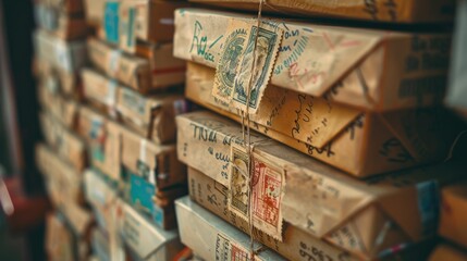 A close-up shot of a stack of international packages, each with different postage stamps and handwriting.