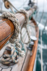 Obraz premium Close-Up of Intricate Sailboat Rigging and Ropes with Ocean Background for Nautical Design