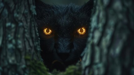 Fototapeta premium black cat with glowing eyes peeking out of a tree