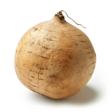 A whole, fresh jicama with a smooth, tan skin, isolated on white background