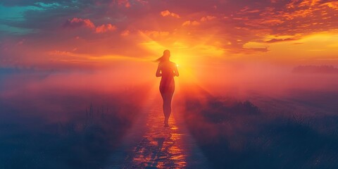 Fototapeta premium Runner at Sunrise on a Misty Path with Vibrant Sky
