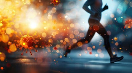 Silhouette of a person running amidst vibrant glowing lights, blurred motion depicting energy and speed, perfect for athletic and fitness themes.