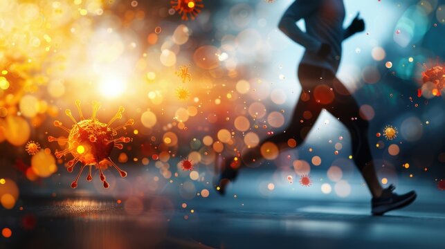 Silhouette of a person running amidst vibrant glowing lights, blurred motion depicting energy and speed, perfect for athletic and fitness themes.