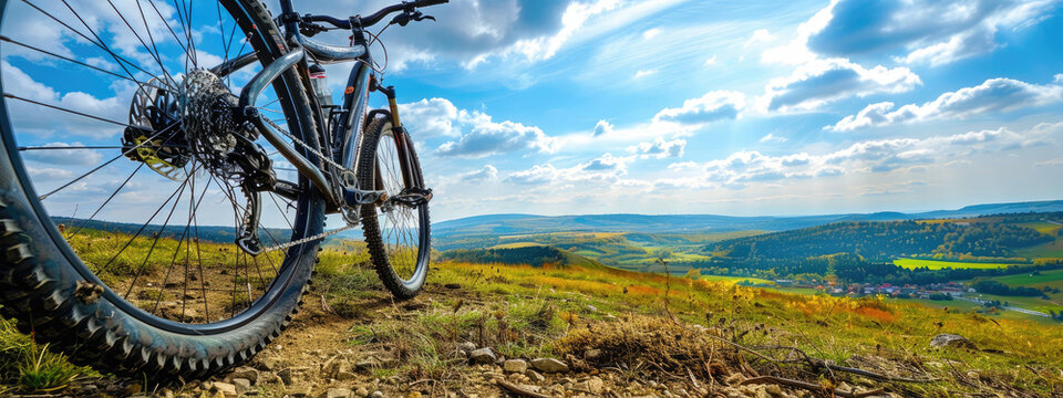 Bicycle rider on a hilltop with a blue sky and green hills in the background, close-up of the leg and bicycle against a landscape view, focus on determination - Powered by Adobe