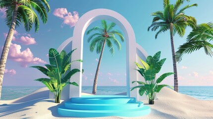 Fototapeta premium Serene tropical beach gateway with palm trees and clear blue sky