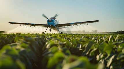 A small plane is spraying water on a field of green plants. The plane is low to the ground, and the water is coming out of its wings. The scene is peaceful and serene