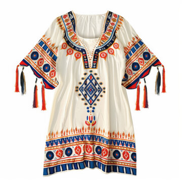 A trendy beach tunic with a boho design, isolated on white background