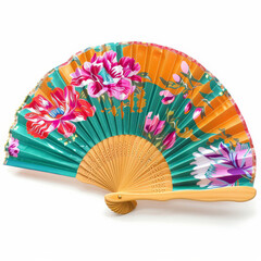 A colorful hand fan with a floral design, isolated on white background