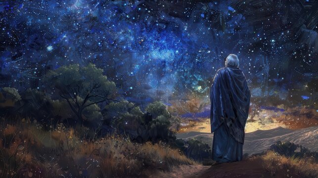 abraham gazes at starry night sky unwavering faith in gods eternal promise oil painting