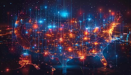 Obraz premium Blockchain Security in Government, map of US government centers with blockchain icons, secure voting systems, transparent public records, improved bureaucratic efficiency.