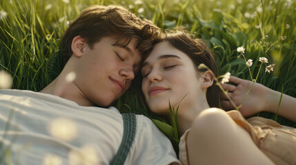 A young couple rests peacefully in a lush, sunlit field, surrounded by tall grass and delicate white wildflowers, sharing a serene and intimate moment together.