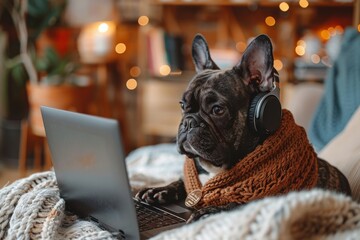 A dog wearing headphones is laying on a bed next to a laptop