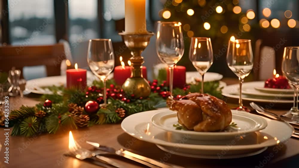 Aufkleber festive table setting with roasted chicken generative ai