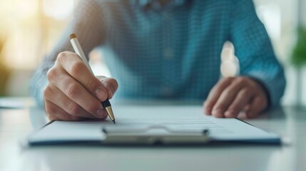 Fototapeta premium Real estate agent in a contemporary office finalizing contract details, using a digital signature pad and printed agreements, bright environment, sharp clarity