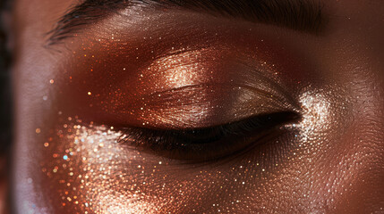Obraz premium A close-up of a closed eye adorned with shimmery, metallic makeup. The warm, golden hues and glittery particles create a luminous, artistic effect.