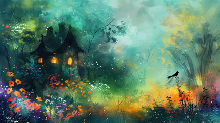 Obraz premium A whimsical, gothic-style cottage in a magical forest surrounded by colorful blooming flowers and illuminated windows. The scene has a dreamy